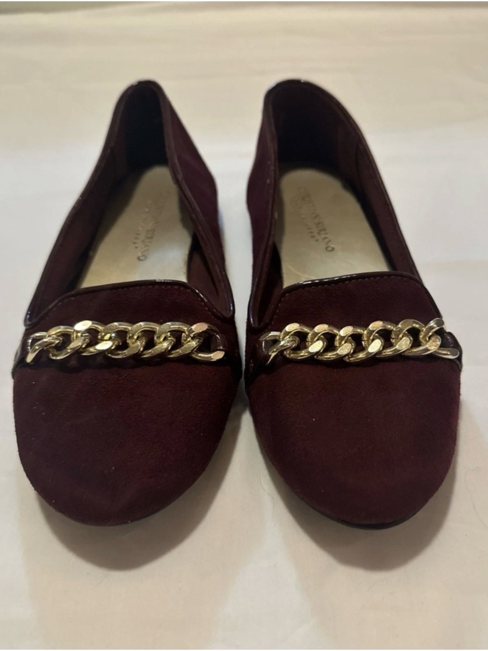 Christian Siriano Burgundy Suede Loafers with Gold Chain